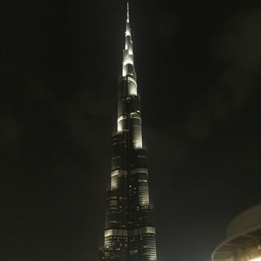 Burj Khalifa at night, tallest building in Dubai, UAE