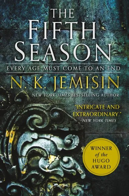 Cover of "The Fifth Season" by N.K. Jemisin, showing an ornate, cracked stone design in dark tones, evoking a sense of ancient power and environmental upheaval.