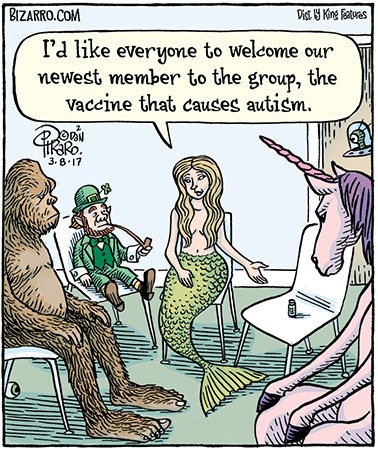Cartoon showing a group of imaginary creatures—like a unicorn, dragon, Bigfoot, leprechaun, and mermaid—seated in a circle. The mermaid is presenting a vaccine vial seated in a chair, as if it's part of the group, highlighting the idea that the belief 'vaccines cause autism' belongs among imaginary concepts.
