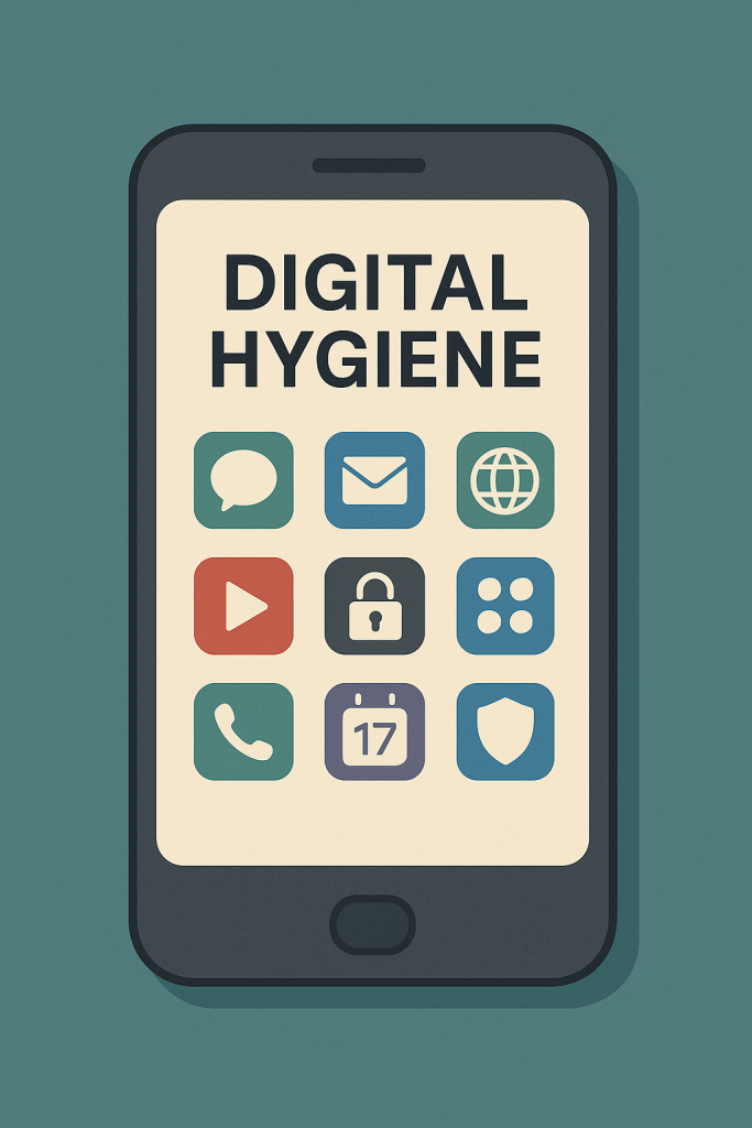 Minimalist illustration of a smartphone displaying neatly arranged app icons under the title ‘Digital Hygiene,’ symbolizing clean and organized digital practices.