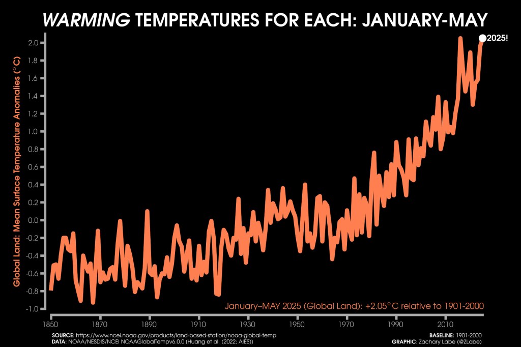 Line graph showing global land surface temperature anomalies from 1850 to May 2025. The trend line starts below average in the 19th century and rises sharply in recent decades, with 2025 reaching +2.05°C above the 1901–2000 average. The data visually emphasizes the acceleration of global warming.