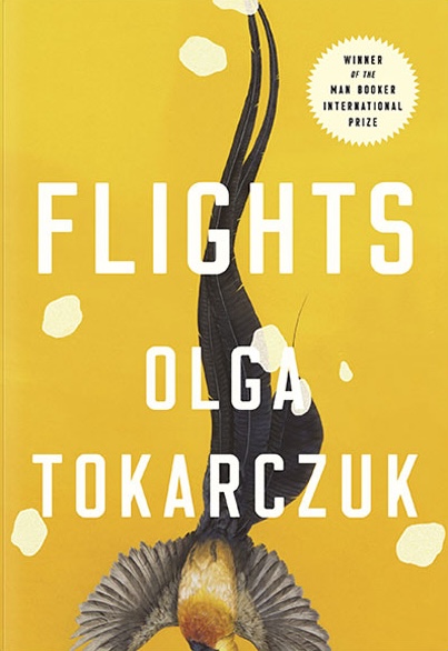 Book cover of "Flights" by Olga Tokarczuk, featuring a bright yellow background with a stylized black bird in mid-flight and minimalist black title text.